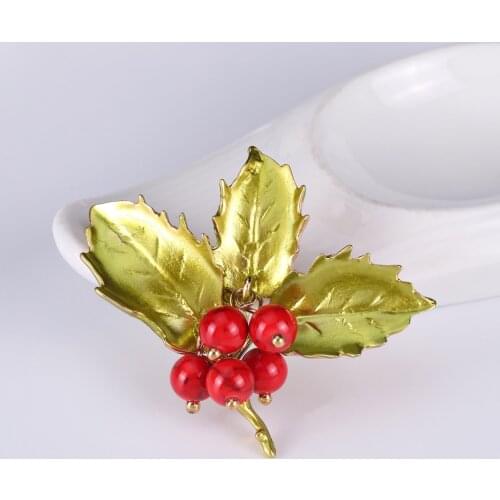 Red Rhinestone Beads leaf plant Brooches for Women Enamel Brooch Pins Jewelry Accessories