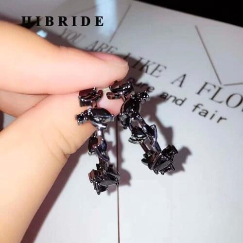 HIBRIDE Luxury Crystal Baguette Hoop Earrings For Women Wedding Jewelry Black CZ Brincos Party Hoop Earring Wholesale E-877