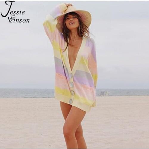 Jessie Vinson Long Sleeve V-neck Stripe Cardigan Sweater Women Autumn Casual Loose Button Color Stripes Knit Cardigan Female