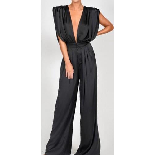 2021 Summer Comfortable Jumpsuit Sexy Open Back Loose Wide Leg Jumpsuit Silk Forged Sleeveless Deep V High Waist OL Jumpsuit New
