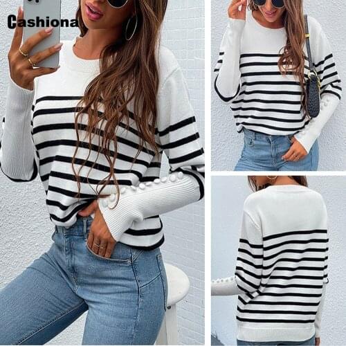 Cashiona 2021 Patchwork Stripes Womens Sweaters Round Neck Long Sleeve Top Autumn Casual Pullovers Female knitting Pullovers