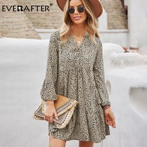 EVERAFTER Women Leopard Print Dress Autumn Vintage Long Sleeve A-line V-neck Button Ruffled Loose High Waist Office Lady Dresses