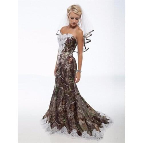 2019 Wedding Dresses White Appliques Lace Camouflage Mermaid Bridal Dress Lace Up Bridal Gown With Veil