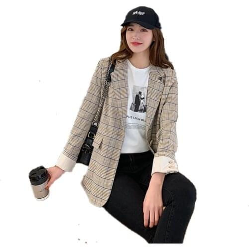 2020 Spring Vintage Notched Collar Plaid Women Blazer Leisure Office Ladies Workwear Long Sleeve Retro Suits Coat Femme