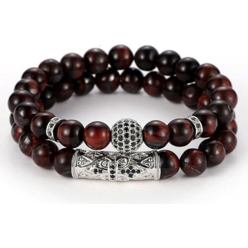 8mm 2PCS/Set th4 elastic adjusted nature red Tigereye bead micro pave cz zircon cubic zirconia Copper Bangles Bracelet