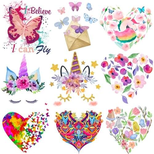 Cartoon Unicorn Applique Iron-On Transfers For Clothing Flower Colorful Heart Thermal Stickers DIY Heat Transfer For Kid Clothes