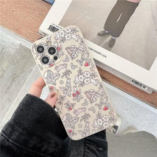 Retro kawaii Flower bush cat Kitten illustration Phone Case For iPhone 11 12 Pro Max Xs Max XR Xs 7 8 Plus 7Plus case Cute Cover