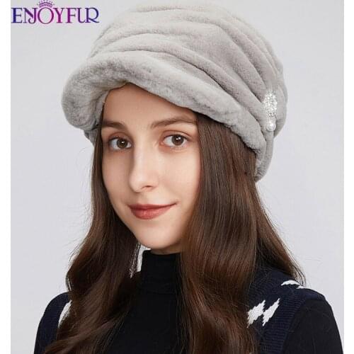 ENJOYFUR Winter Women Fur Hats Warm Rex Rabbit Fur Rhinestone Visor Cap Hand Sewn Russia Female Outdoor Streetwear Causal Beanie
