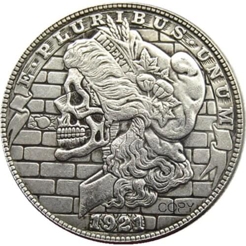 HB(120)Hobo USA 1921 Morgan Dollar skull zombie skeleton Silver Plated Copy Coins