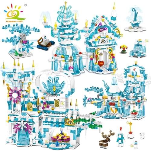 HUIQIBAO 4IN1 Ire Princess Castle Building Blocks Friends Series for Girls Snow House Bricks with Figures Set Children Toys Gift