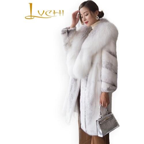 LVCHI Winter 2019 Import Real Cross Mink Fur Coats Womens Coat Full Pelt Causal Striped With Fox Fur Collar X-Long Mink Coats