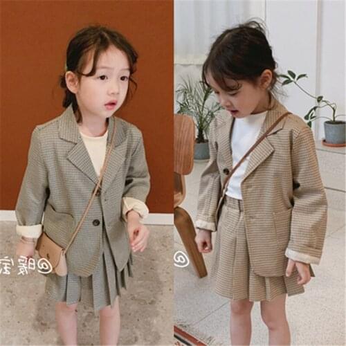 Girls Plaid Leisure Suits 2019 Autumn Kids Baby Clothes 2-6yrs Older Children Girls Single Breasted Coats Withe Pleated Skirt