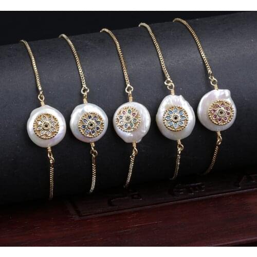 Tiny cz crystal beads paved gold flower charm natural freshwater pearl connector dainty link bracelets for woman jewelry gift