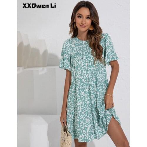Summer Women Casual Print Ruffled Mini Dress 2021 Woman Fashion O-Neck Short Sleeve Beach Boho Lady Dresses Party Robe Femme