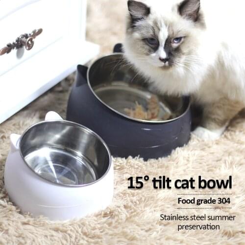 200ml Stainless Steel Cat Bowl 15 Degrees Tilted Non Slip Puppy Base Cat Food Drinking Water Feeder Safeguard Neck Cat Pet Bowls