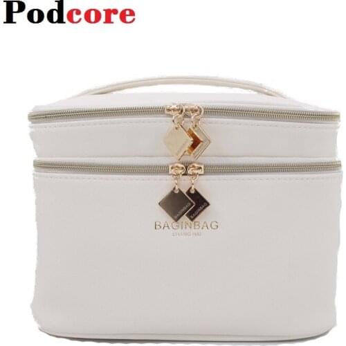 Fashion Cosmetic Bag with Mirror Large Capacity PU Leather Cosmetics Storage Bag With Handle Ladies Luxury Makeup Bag