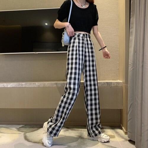 2021Fashion Plaid Pants Women Casual Chic Loose Wide Leg Trousers Retro Teens Harajuku Hip-hop All-match Unisex Streetwear