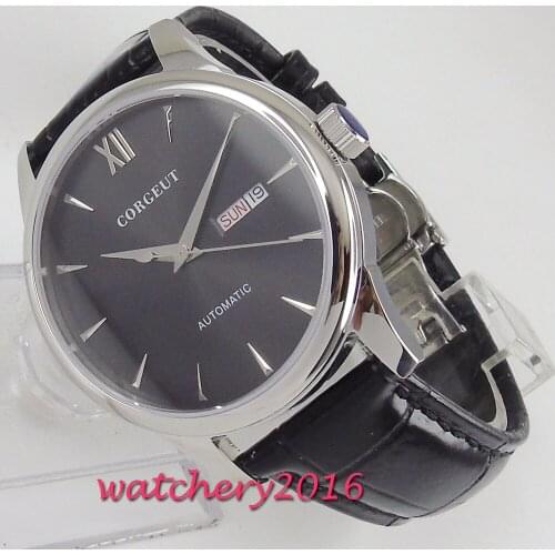 40mm Corgeut Black Dial Stainless steel Case Top Brand leather strap Japan 21 Jewels Miyota Automatic movement mens Watch