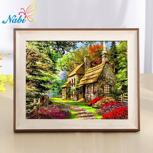 Nabi Diamond Embroidery Landscape Handmade Diamond Painting Village Needlework Mosaic Cross Stitch Home Decor Arts Forest Hut