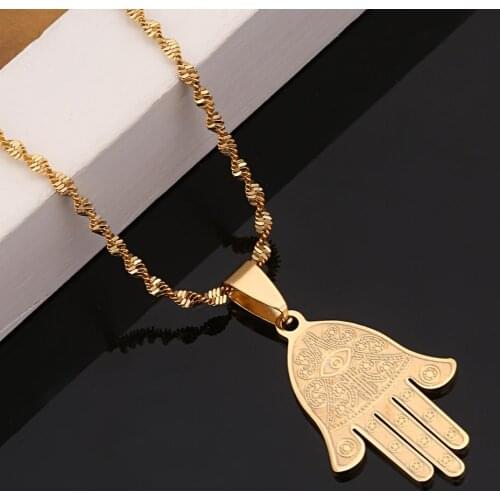 Stainless Steel Egyptian Eye of Good Luck Fatima Hamsa Hand Pendant Necklace Hand Palm Jewelry