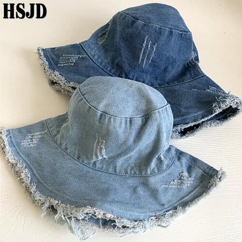 Washed Denim Dome Top Sun Bucket Hats Panama Women Summer Caps Wide Brim Foldable Outdoor Travel Hat Anti-UV Beach Caps Bonnet
