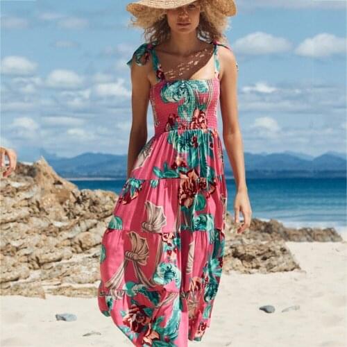 Woman Fashion Print Casual Boho Style Beach Vacation Sundress Ladies Summer Midi Maxy Dresses Sexy Back Spaghetti Strap Dress