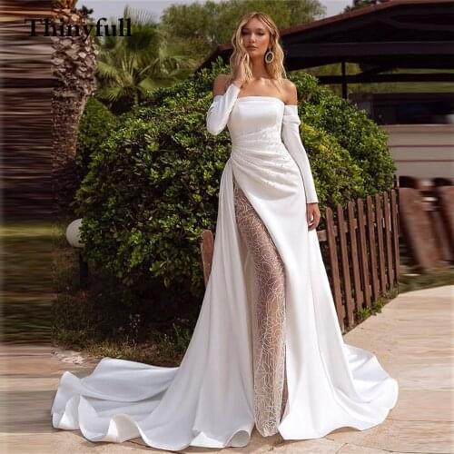 Sexy Long Soft Satin Boho Sleeves Wedding Dresses Lace Flowers Robe de mariee Strpless Side Slit Beach Princess Bridal Gowns