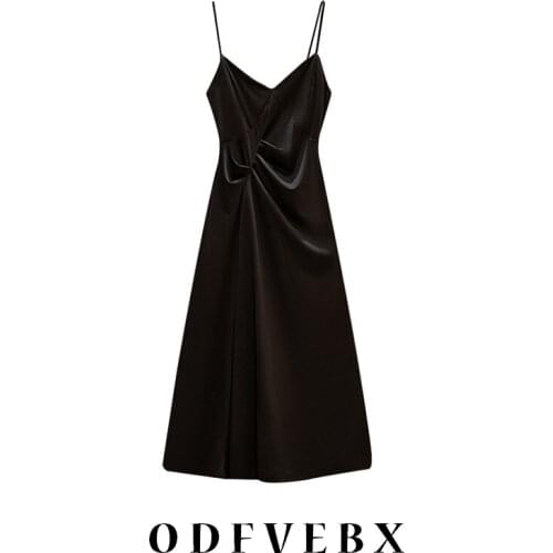 Sexy Silk Sling Dress Women Black V-Neck Pleated Sling Dresses Nightgown Club Party Evening Dress Plus Size Summer Clothing 2021