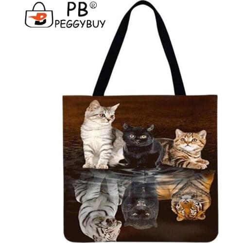 Portable Cats Flowers Scenery Printed Shoulder Shopping Tote Bag Casual Large Capacity Linen Handbags Storage Gift Bag (40*40cm)
