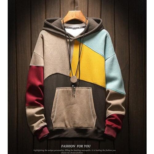 Hoodie Men Pullover Mens Colorblocked Best Quality Fashion Sweatshirts Mens Patchwork Japanese Retro Hooded Hoodies