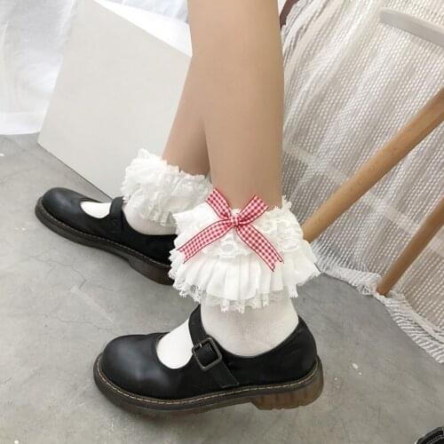 Japanese Women Girls Kawaii Lace Bow Olita Socks Cotton Ruffle Anime Cosplay Costumes Accessories Solid Ankle Slouch Socks