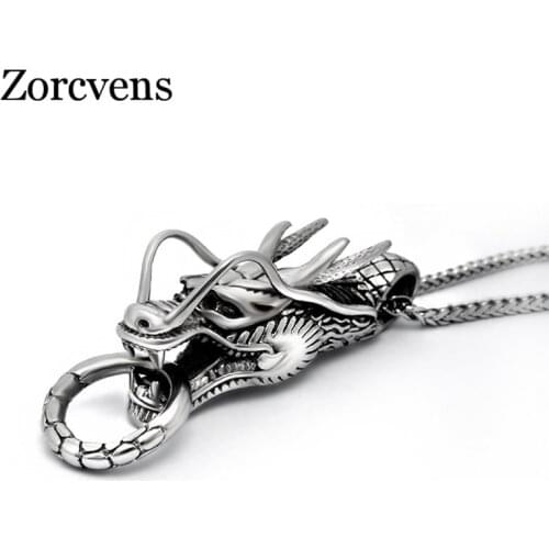 ZORCVENS Punk Jewelry Zodiac Dragon Pendant Necklace Stainless Steel Mens Thai silver color Boyfriend Gift