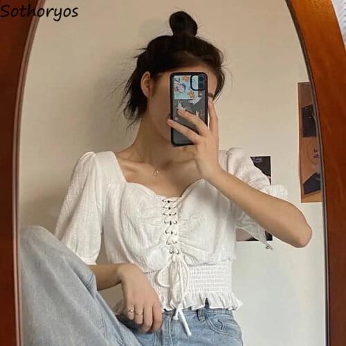 Summer Shirring White Blouses Women Square Collar Gentle Puff Sleeve Crop Tops Female Sweet Leisure Retro Sexy Outwear Ulzzang