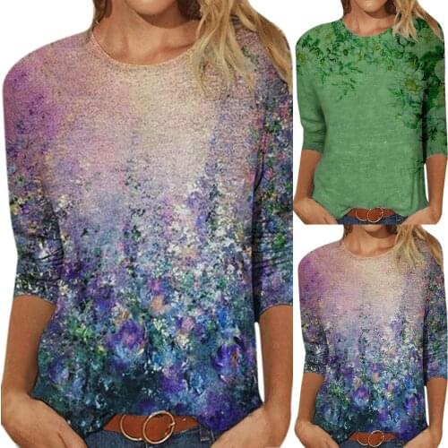 2021 Harajuku Print Womens Blouse Long Sleeve Shirts Loose Casual Tops Beautiful Print Crew Neck Shirts Blusas Mujer De Moda