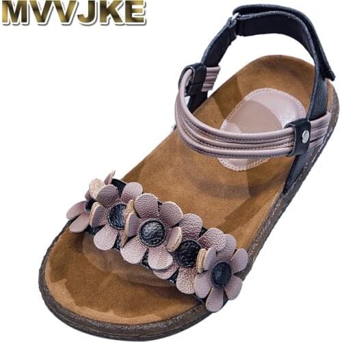 MVVJKE 2019 New Women Sandals Fashion Genuine Leather Summer Women Shoes Bohemia Flowers Beach Flat