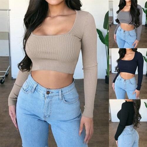New Knitted T-Shirt Sexy U-Neck Low Cut Slim Short Long Sleeve Solid Color Top Ladies Bodycon Crop Top