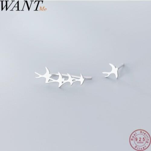 WANTME Real 925 Sterling Silver Jewelry Cute Sweet Asymmetric Animal Bird Stud Earrings for Women Femme Daily Wear Accessories