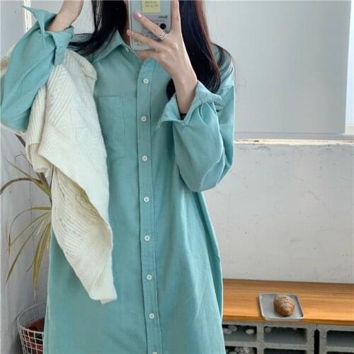 2021 New Women Spring Corduroy Long Shirt Dress Full Sleeve Single Breasted Loose Straight Solid Color