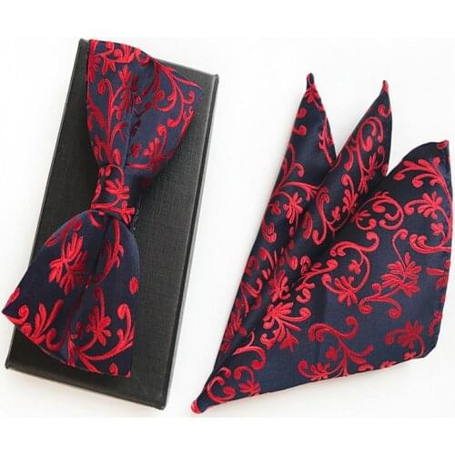 2PCS Elegant Men Jacquard Striped Paisley Floral Polka Dot Bow Ties Groom Party Hanky Wedding Handkerchief Bowtie Pocket Square