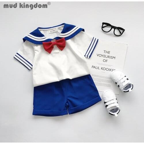 Mudkingdom Summer Boys Sets Sailor Collar Bow T-shirts Solid Shorts College Style Outfits for Toddler School Casual Kids Clothes