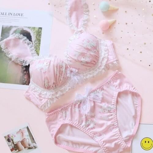 Sweet Cute Rabbit Ears Bra & Panties Set Lace Trim Underwire Soft Pink Underwear Sleep Intimates Set Kawaii Lolita