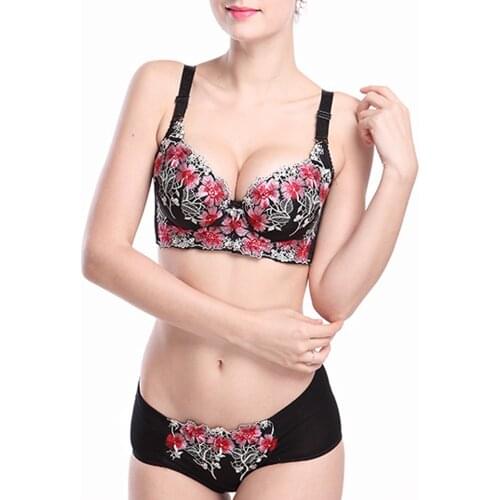High Quality Deep V Sexy Push Up Bra Set Floral Embroidery Lace Women Underwear Set Bra and Panties 32 34 36 38 A B C