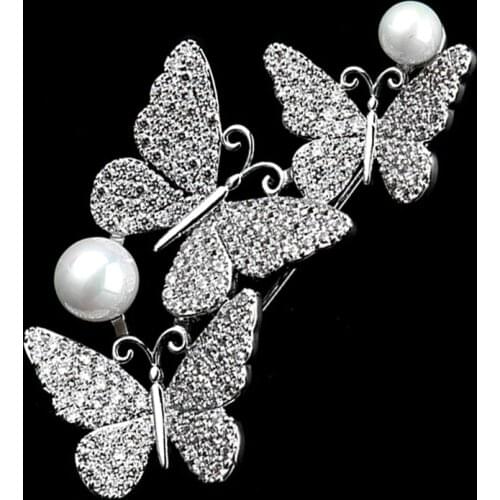 Crystal Cubic Zirconia Butterfly Silver Plated Pearl Brooch Pin Metal Rhinestone Insect Women Banquet Wedding Corsage Christmas