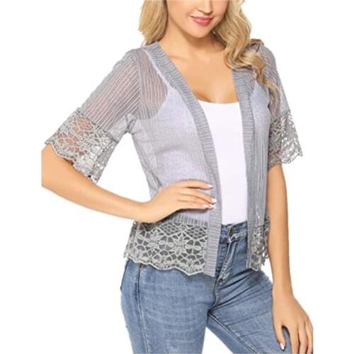 Summer Casual Beach Shirt Blouse Women Short Sleeve Floral Lace Mesh Perspective Cardigan Tops Hollow Sunsuit Female 4 Colors