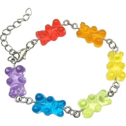 Cute Rainbow Candy Color Bears Bracelet Resin Metal Adjustable Chain for Women Girls Fashion Sweet Wrist Chain Jewelry