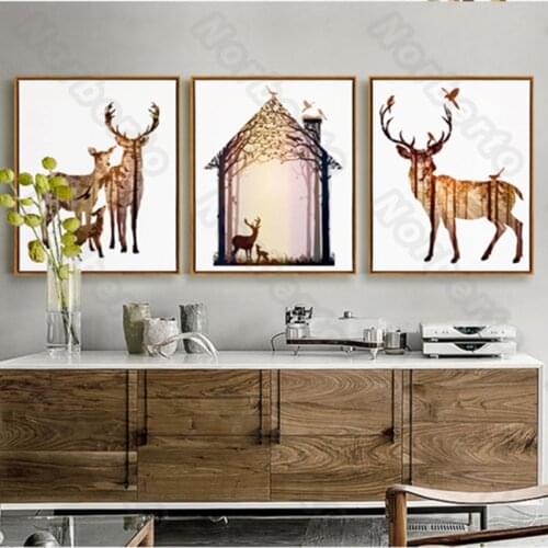 Nordic Style Frameless Canvas Painting Poster Art Abstract Bird-Shaped Deers Combining Forest for Home Rooms Wall Decoration