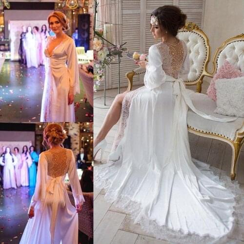 Lace V Neck Bridal Nightgowns Waistband Sleepwear Women Sexy Bathrobe Sweep Train 2020 Beaded Front Split Party Dress