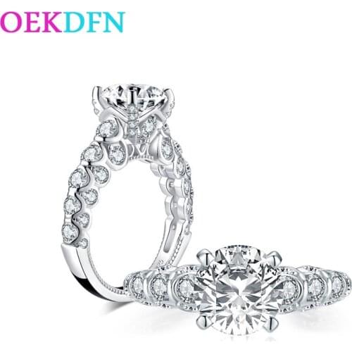 OEKDFN Real 925 Sterling Silver Rings Round Cut Created Moissanite Gemstone Diamonds Wedding Engagement Ring Luxury Fine Jewelry