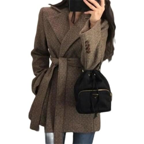 2021 Autumn Winter Woolen Coat Womens Suit Jacket Hong Kong-Style Retro Herringbone Pattern Belt Waist Thickened Woolen Coat W7