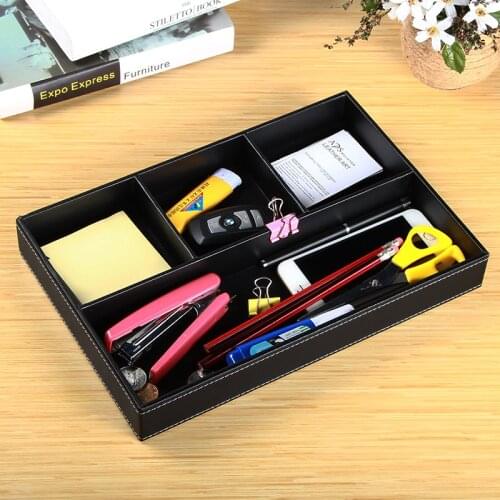 Rectangle brown/black color woode+synthetic leather storage tray Office desk storage box serving tray Home decoration box PTP09